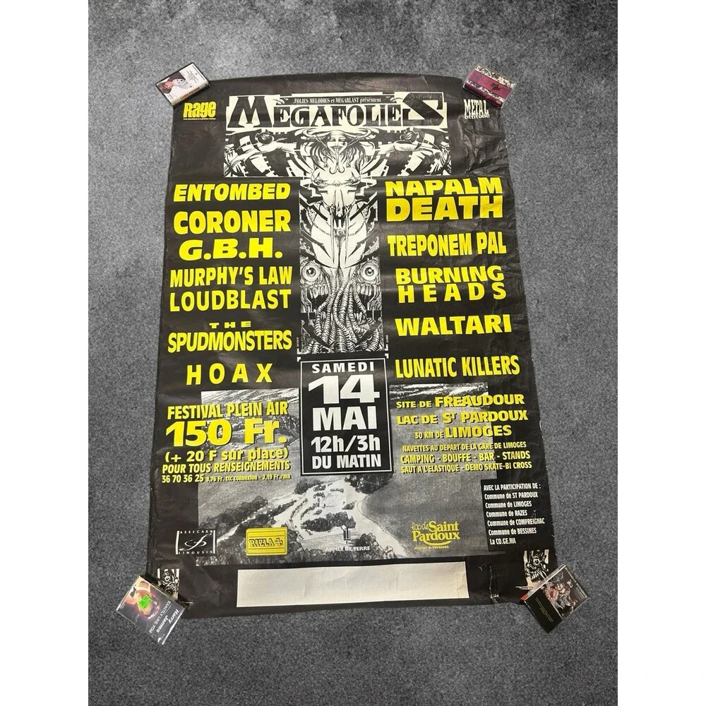 VTG 1994 Megafolies Festival Poster Napalm Death Entombed Coroner GBH Loudblast